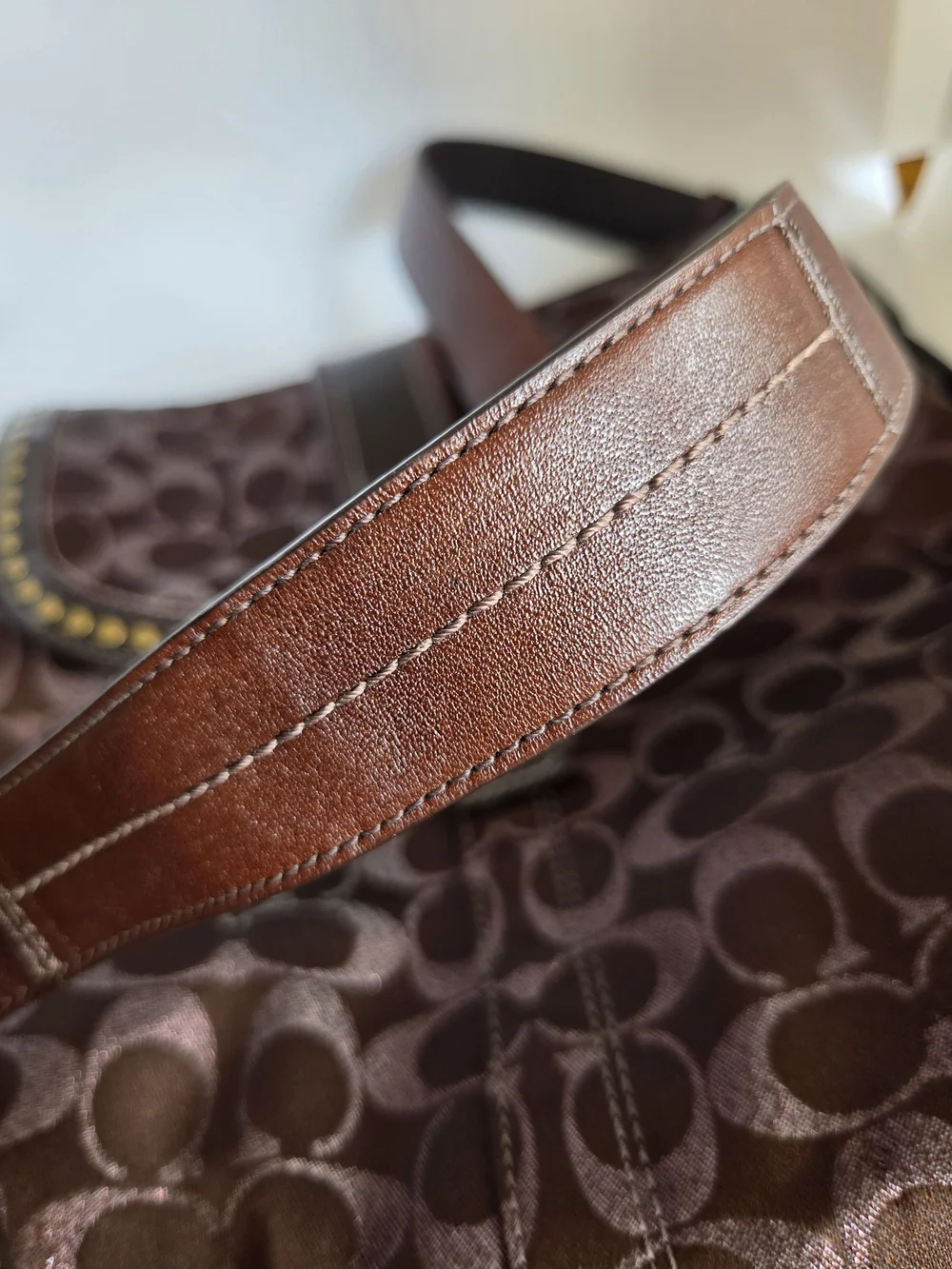 Coach Brown Signature Monogram Shoulder Bag with Gold Stud Accents, Dust Bag,Y2K